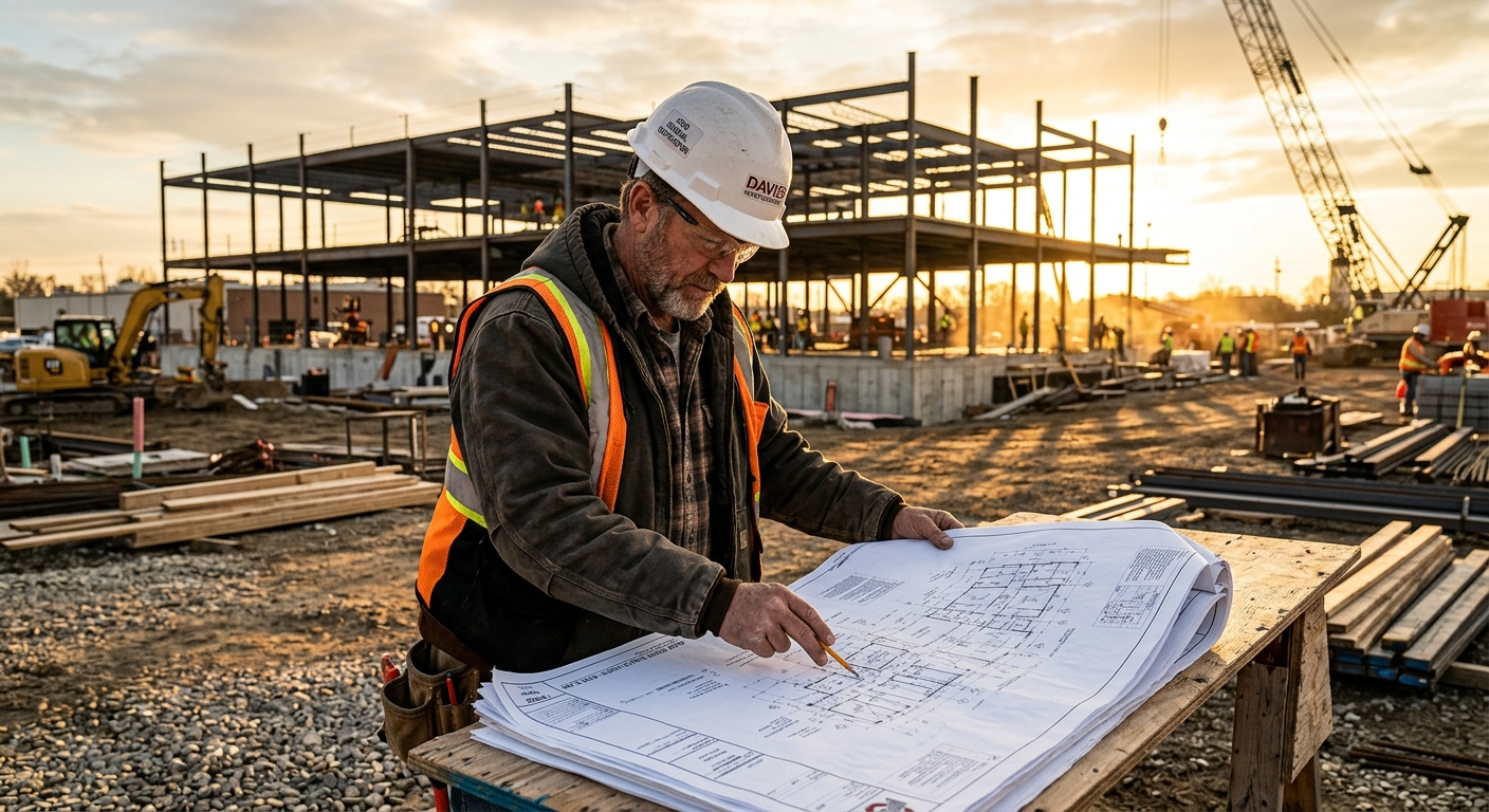 Ohio contractor in a hard hat reviewing construction blueprints at a job site with building framing visible in the background