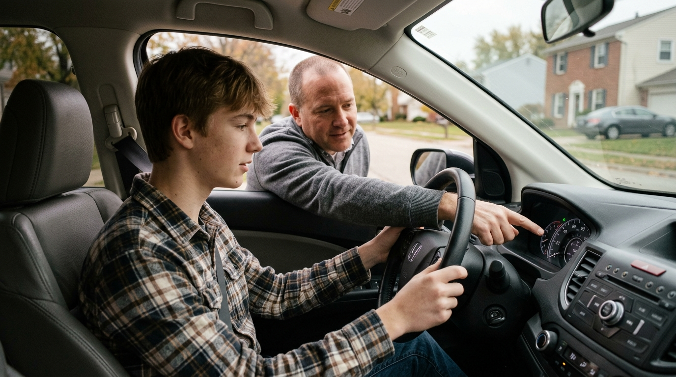 A teenage driver sitting at the wheel of a car in a suburban Ohio neighborhood, parent visible in the passenger seat