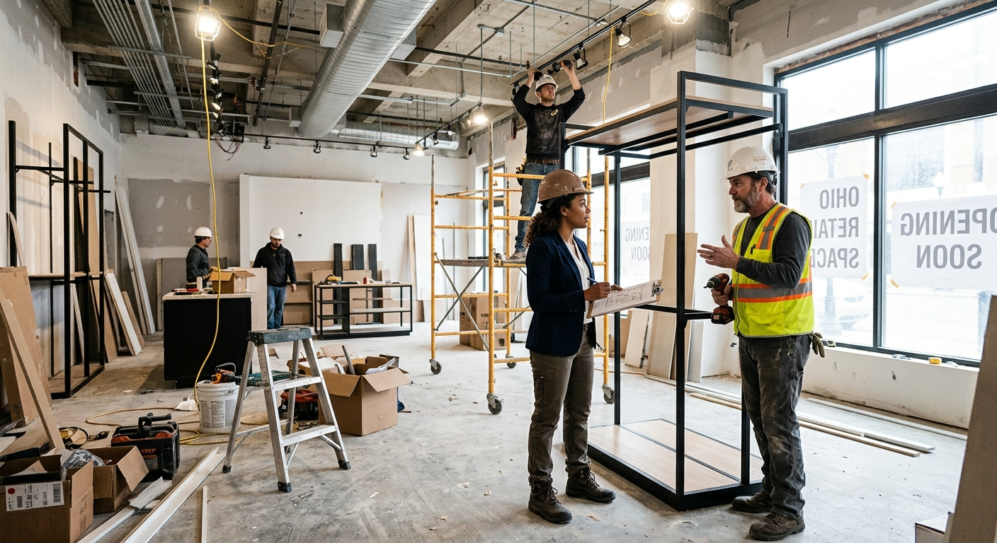 Ohio business tenant reviewing lease documents inside a freshly renovated commercial retail space with custom built-in