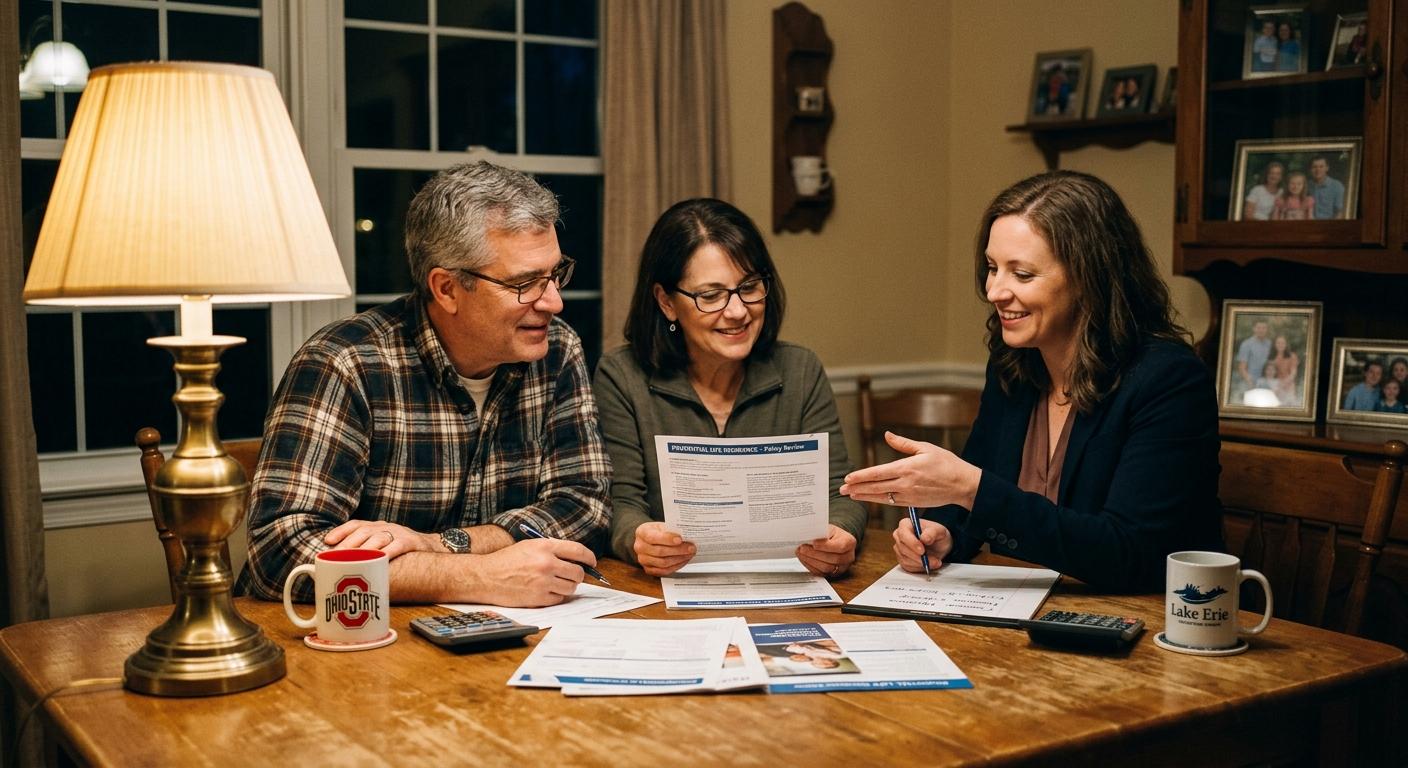 Ohio insurance agent reviewing life insurance policy documents with a couple at a desk in a local agency office
