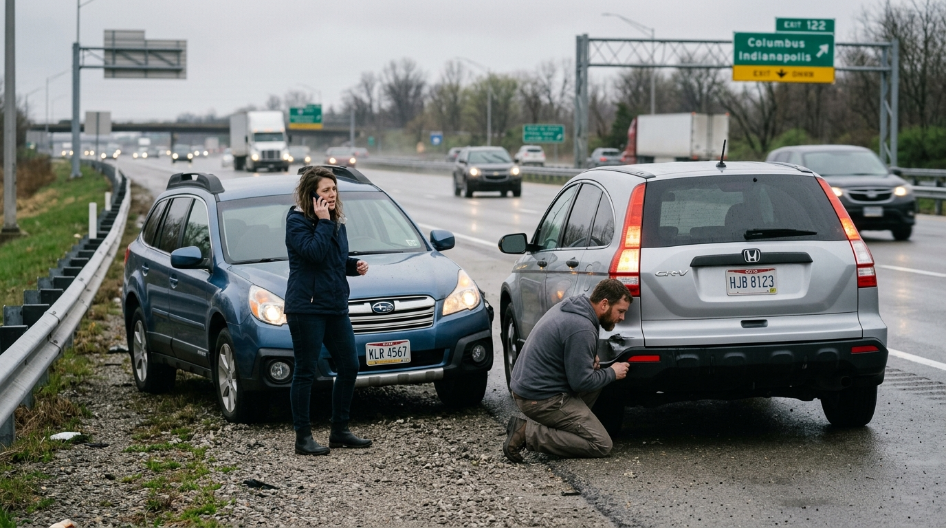 Two cars stopped on an Ohio highway after a fender-bender on a gray overcast day, one driver standing outside looking at
