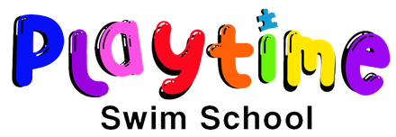 The logo for playtime swim school is colorful and looks like a puzzle.
