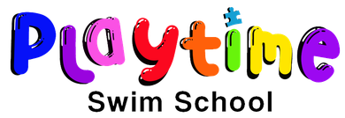 The logo for playtime swim school is colorful and looks like a puzzle.