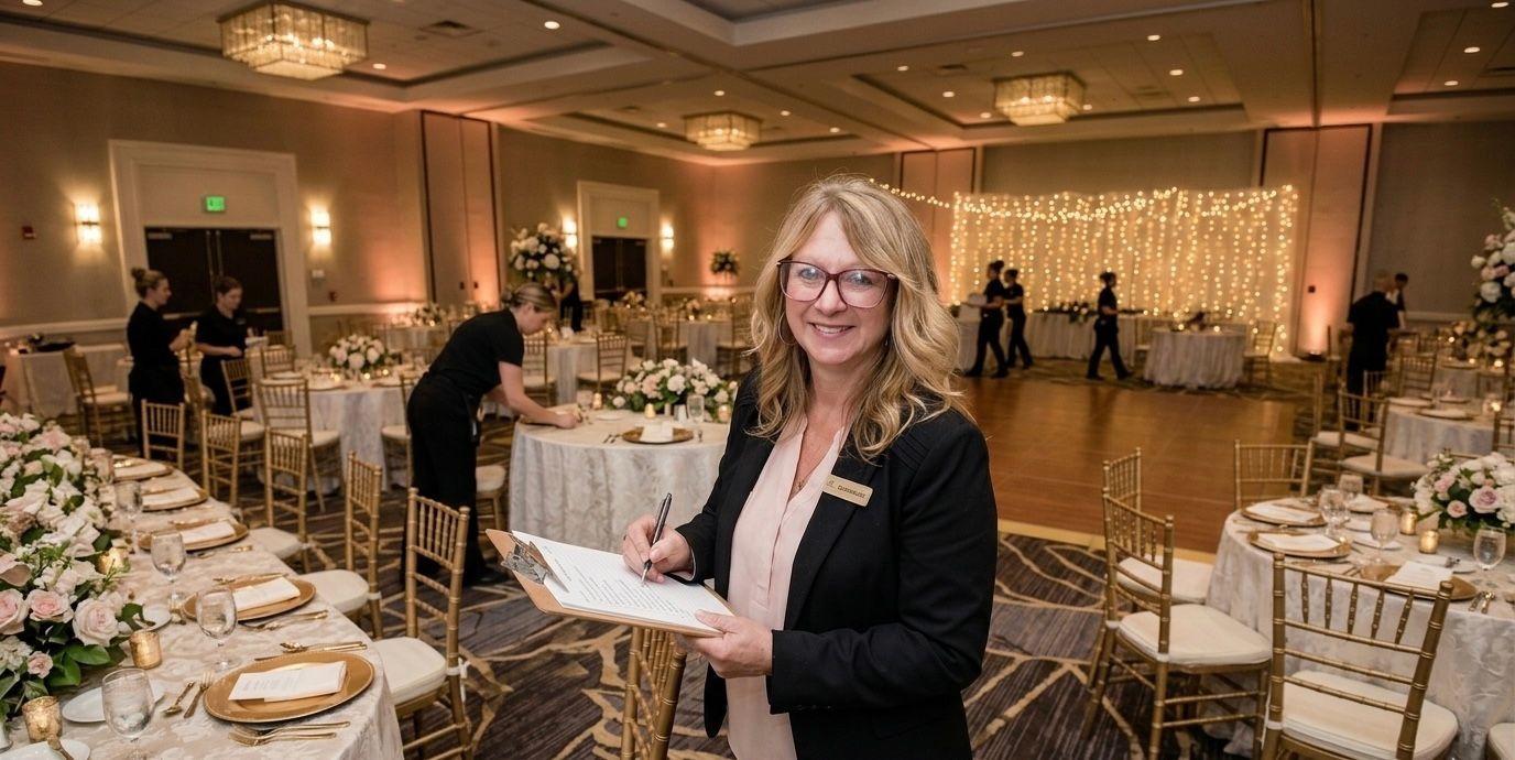 Smiling woman in a black blazer holding a plate at a formal banquet reception with round tables and warm lights