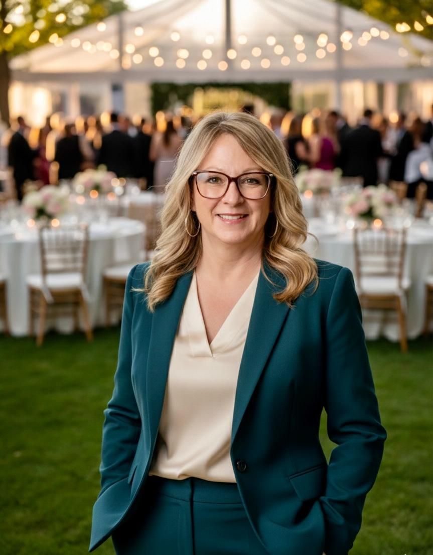 Woman in teal suit standing at an outdoor event with white tents and tables in the background