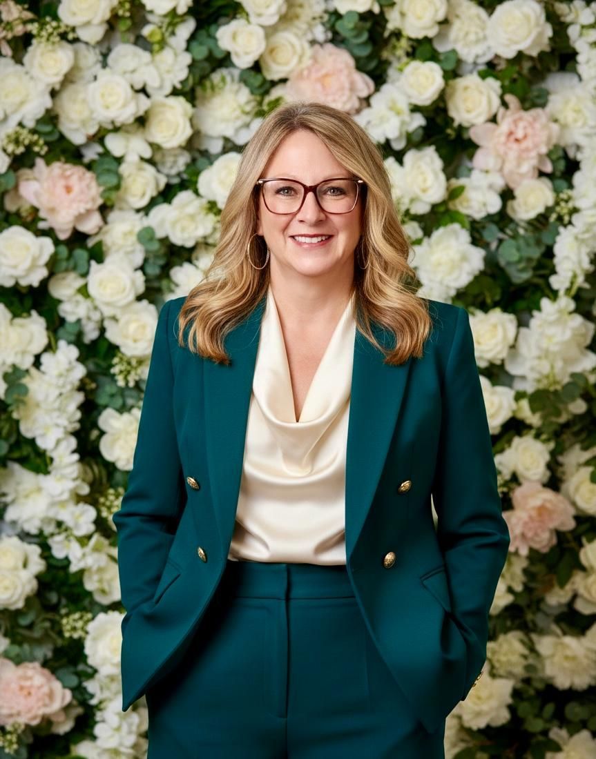 Woman in a teal suit and cream blouse standing before a white floral backdrop, smiling.