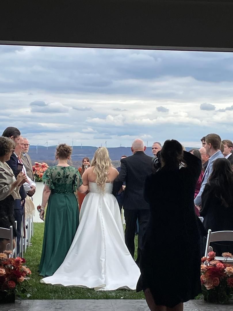 Wedding guests stand outdoors, viewing a couple at an altar under a cloudy sky.