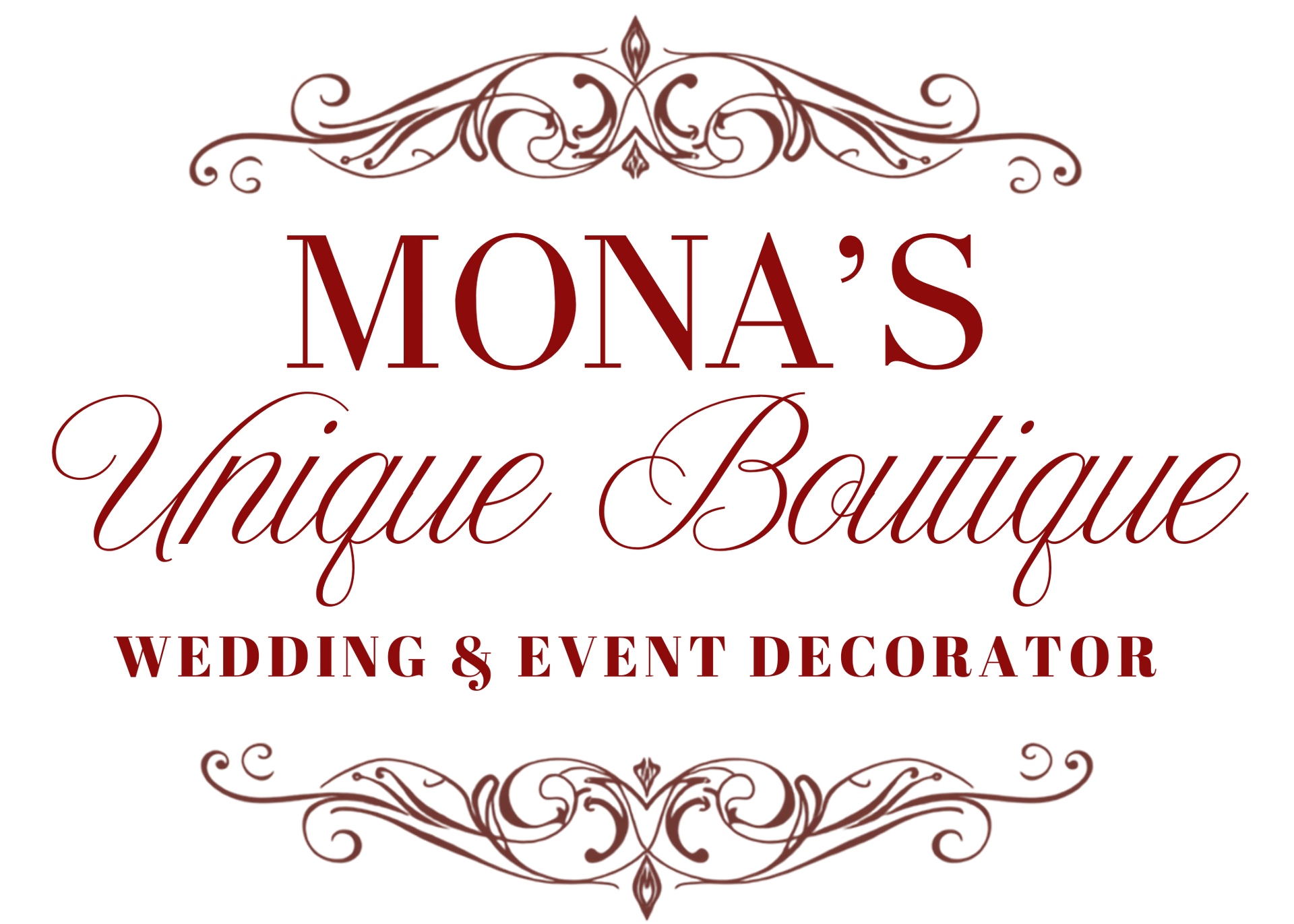 Mona&rsquo;s Unique Boutique logo with ornate brown script and &ldquo;Wedding & Event Decorator&rdquo; tagline on white background