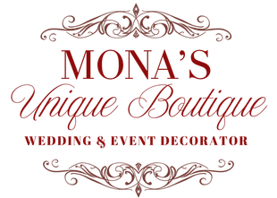 Mona&rsquo;s Unique Boutique logo with ornate brown script and &ldquo;Wedding & Event Decorator&rdquo; tagline on white background