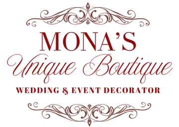 Mona&rsquo;s Unique Boutique logo with ornate brown script and &ldquo;Wedding & Event Decorator&rdquo; tagline on white background
