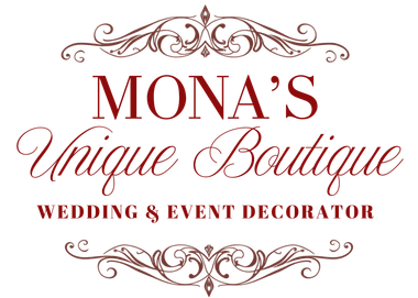 Mona&rsquo;s Unique Boutique logo with ornate brown script and &ldquo;Wedding & Event Decorator&rdquo; tagline on white background