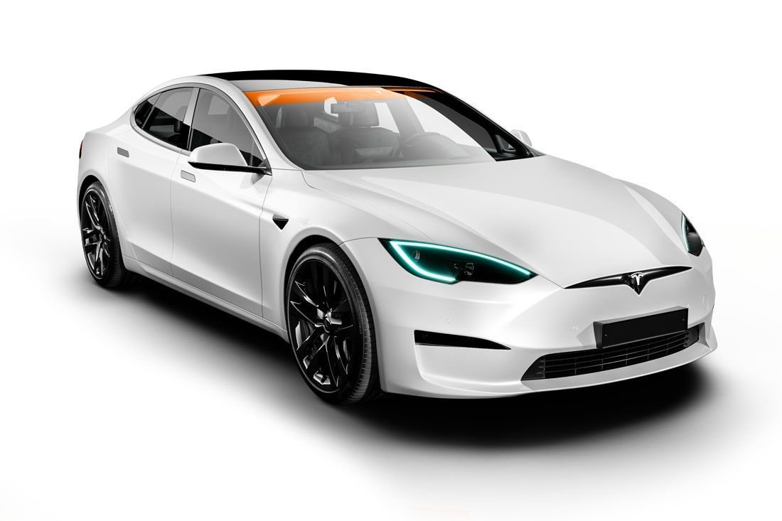 White Tesla sedan with black wheels, on a white background. Front view, angled slightly to the right.