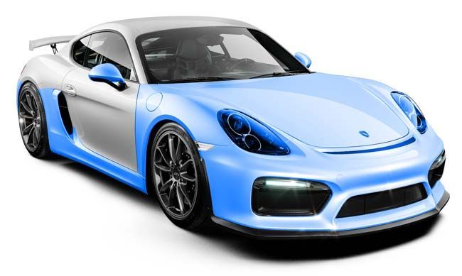 Silver and blue Porsche sports car.