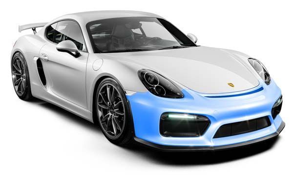 Silver Porsche sports car with blue highlighted front bumper.