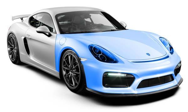 Sports car with light blue front end, highlighted for protection.