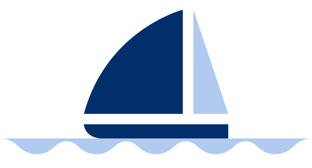 A blue sailboat is floating on top of a body of water.