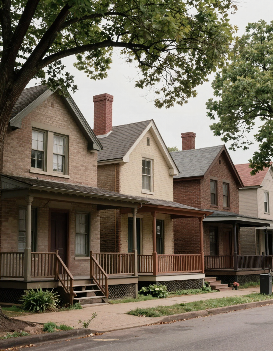 Tree-lined historic residential street in Kirkwood, MO showing early-twentieth-century brick homes typical of lead paint and asbestos remediation projects.