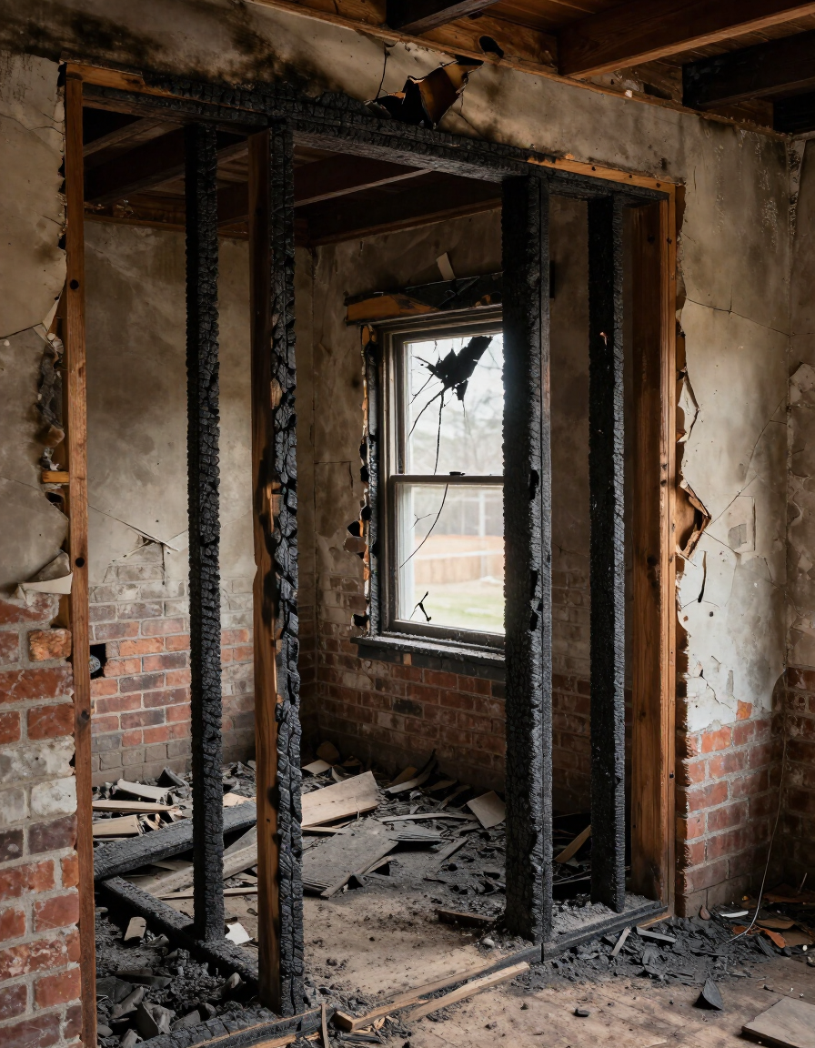 Fire-damaged residential interior in St. Louis.