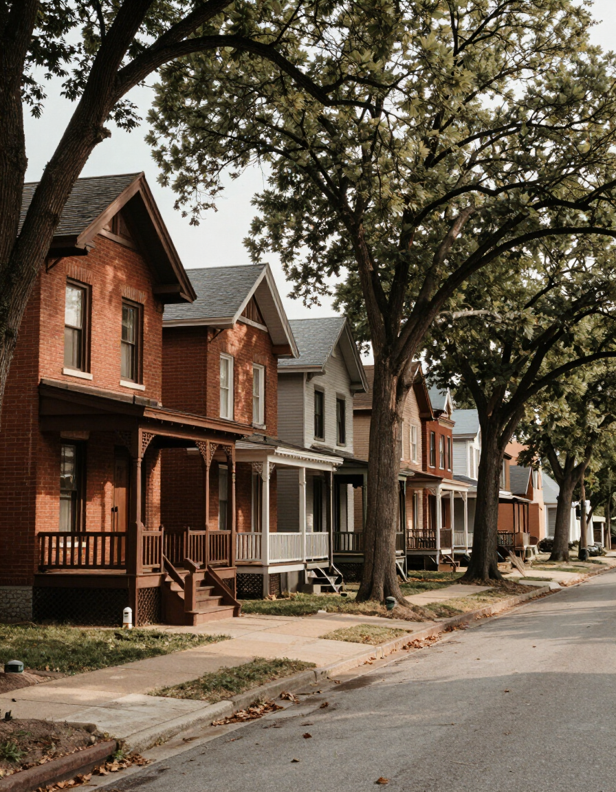 Tree-lined Maplewood street with brick bungalows.