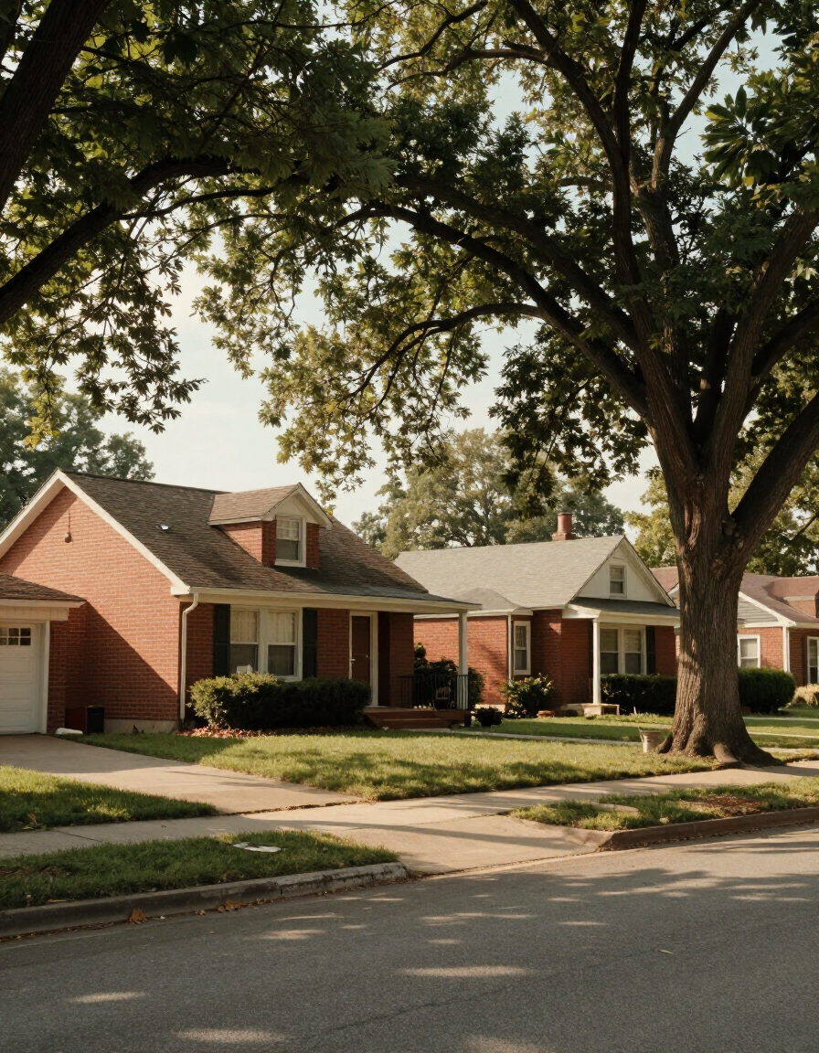 South St. Louis County residential street with post-war brick ranch homes typical of mid-century Mehlville building stock.