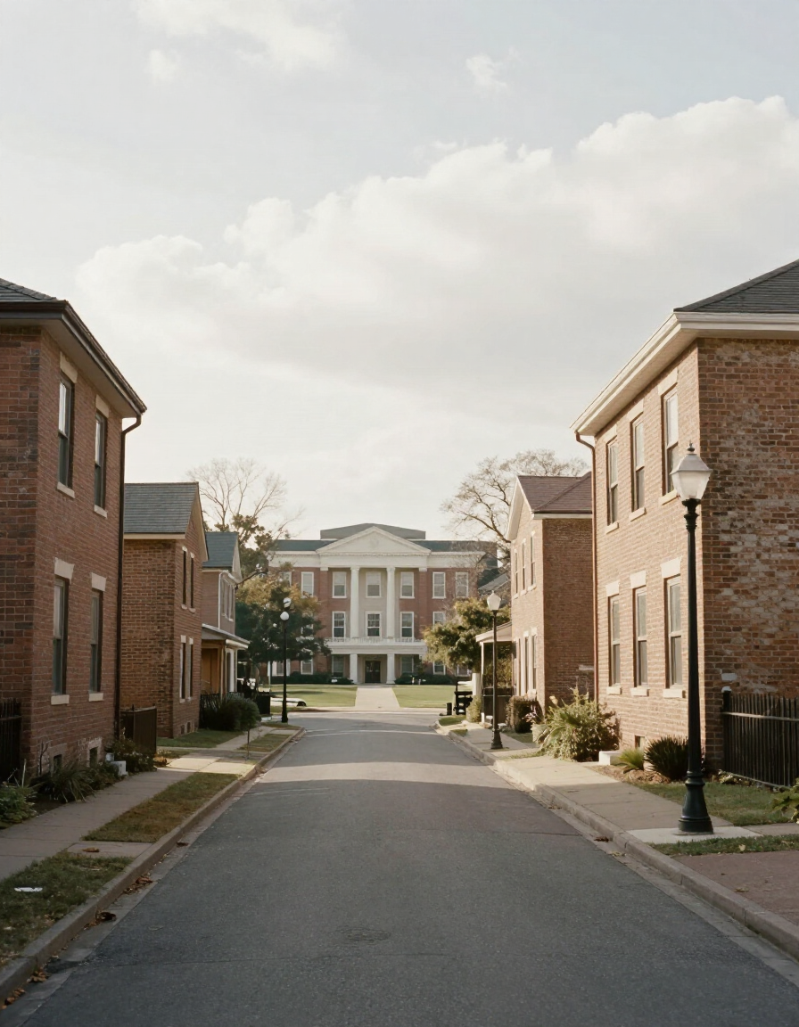 Historic pre-1960 brick residential street in Belleville, IL near the St. Clair County courthouse area.
