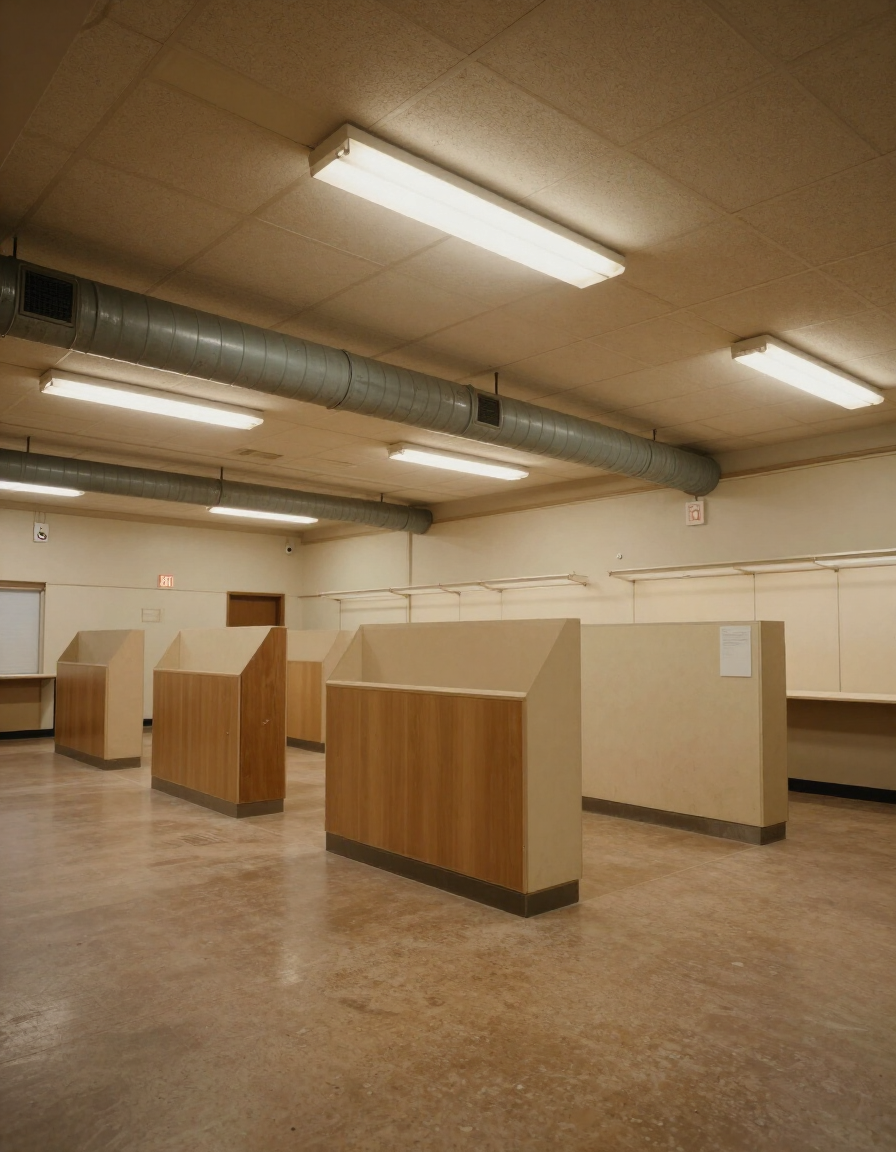 1970s era commercial building interior with exposed ceiling and ductwork.