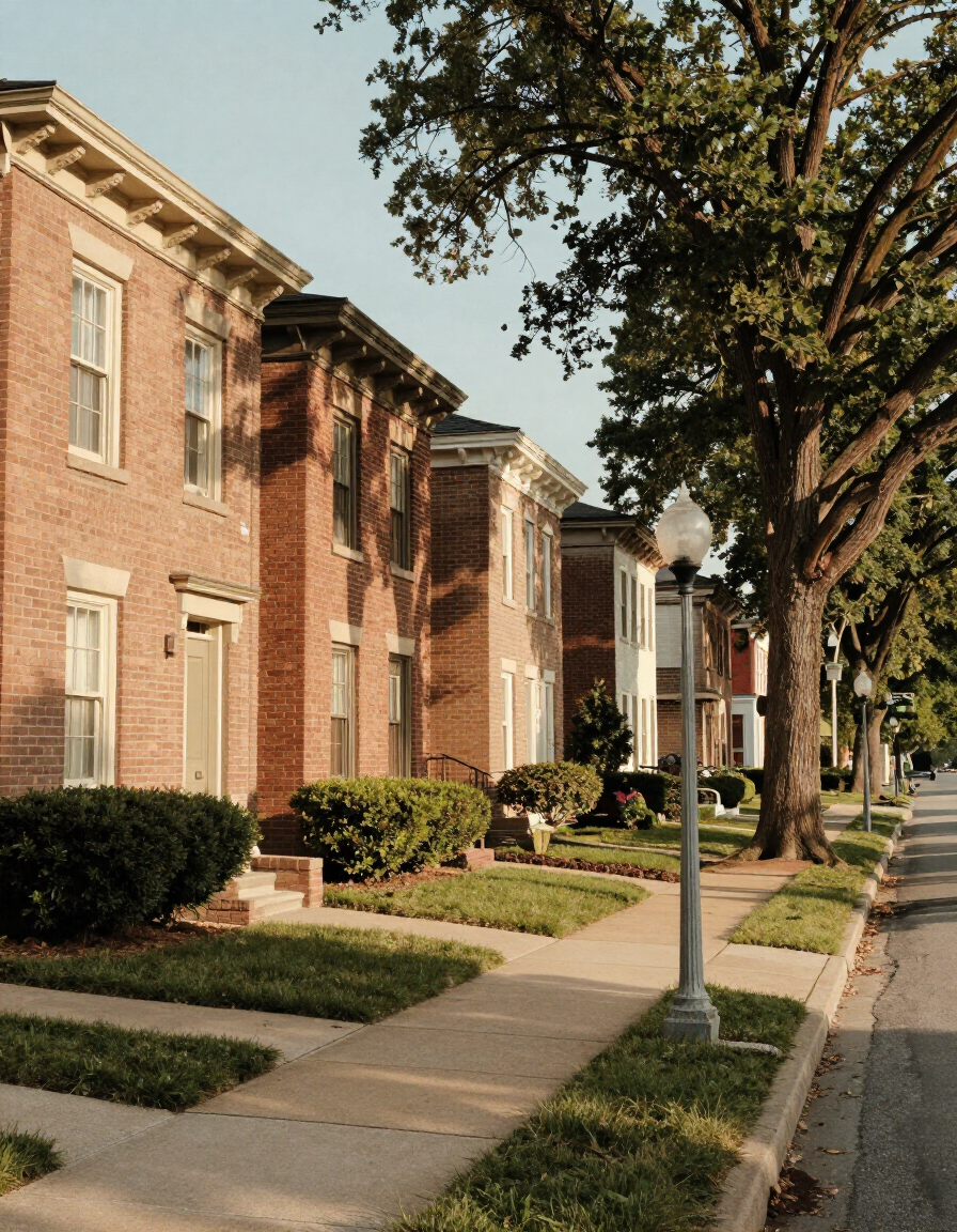 Tree-lined street of early-twentieth-century brick homes in Webster Groves, Missouri near Lockwood Avenue.