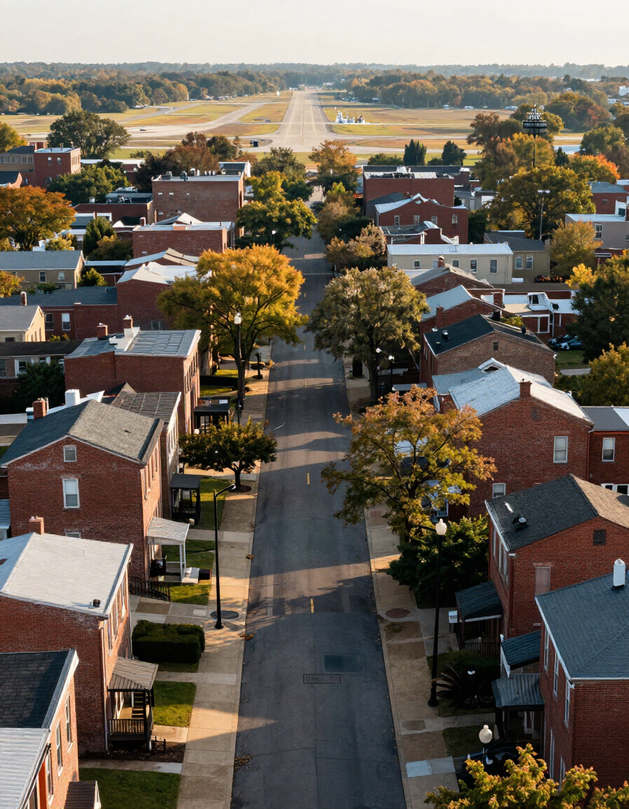 Older residential and commercial buildings in Bridgeton, MO near Lambert Airport corridor — north St. Louis County.