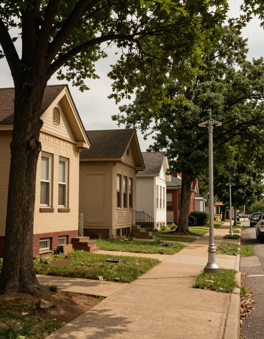 Tree-lined Ferguson residential street with older brick homes.