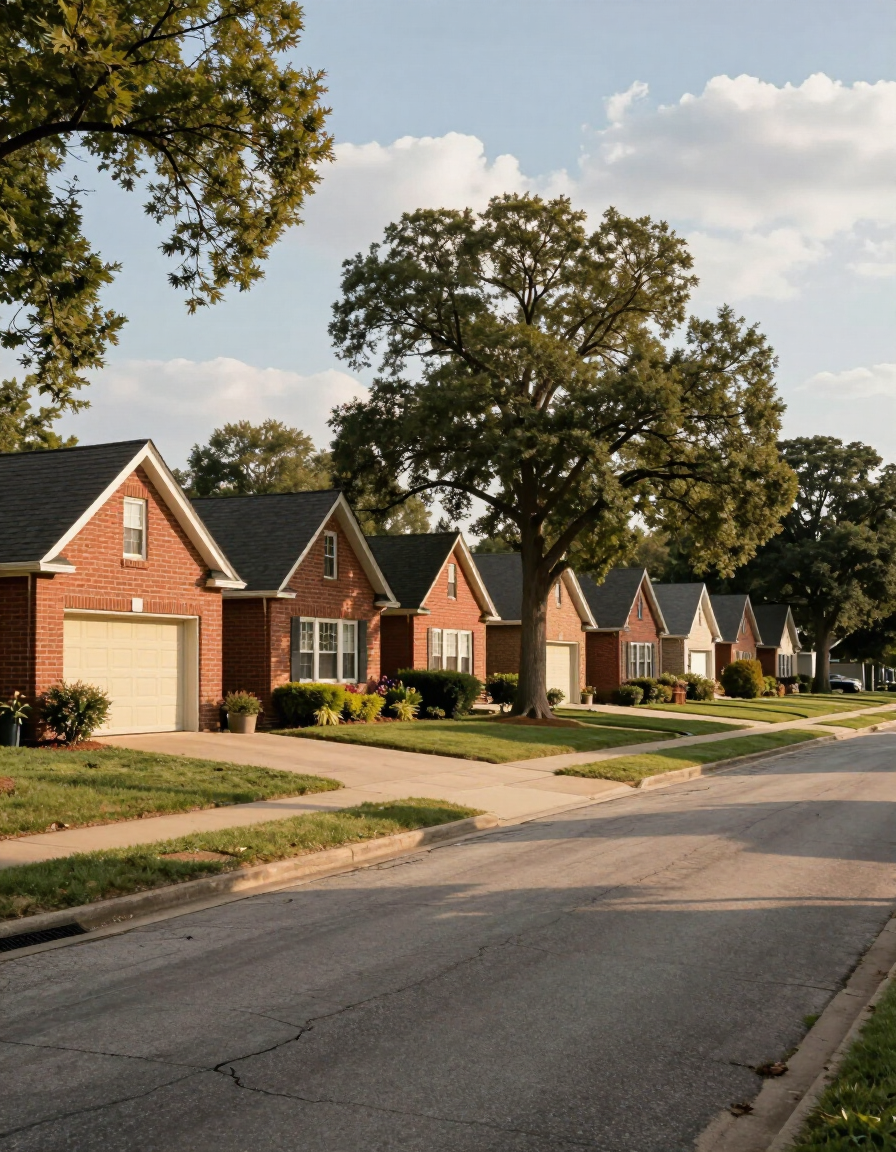 Florissant, MO residential street with 1950s brick ranch-style homes — north St. Louis County..