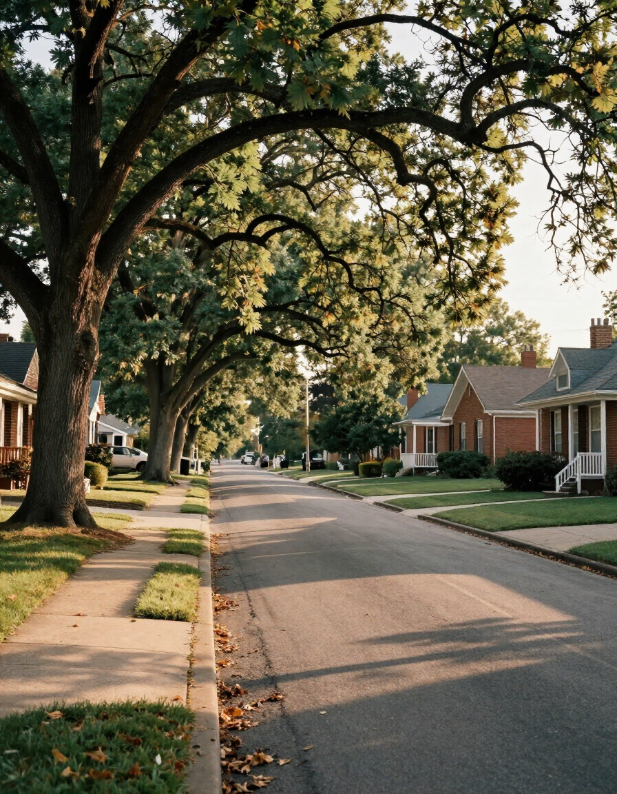 Tree-lined post-war brick ranch homes on a residential street in St. Louis County, Missouri.