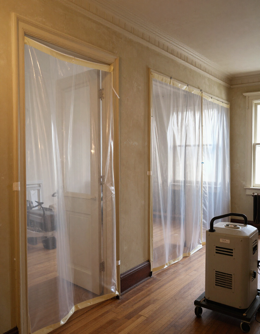 Asbestos abatement containment setup with HEPA negative air machine.