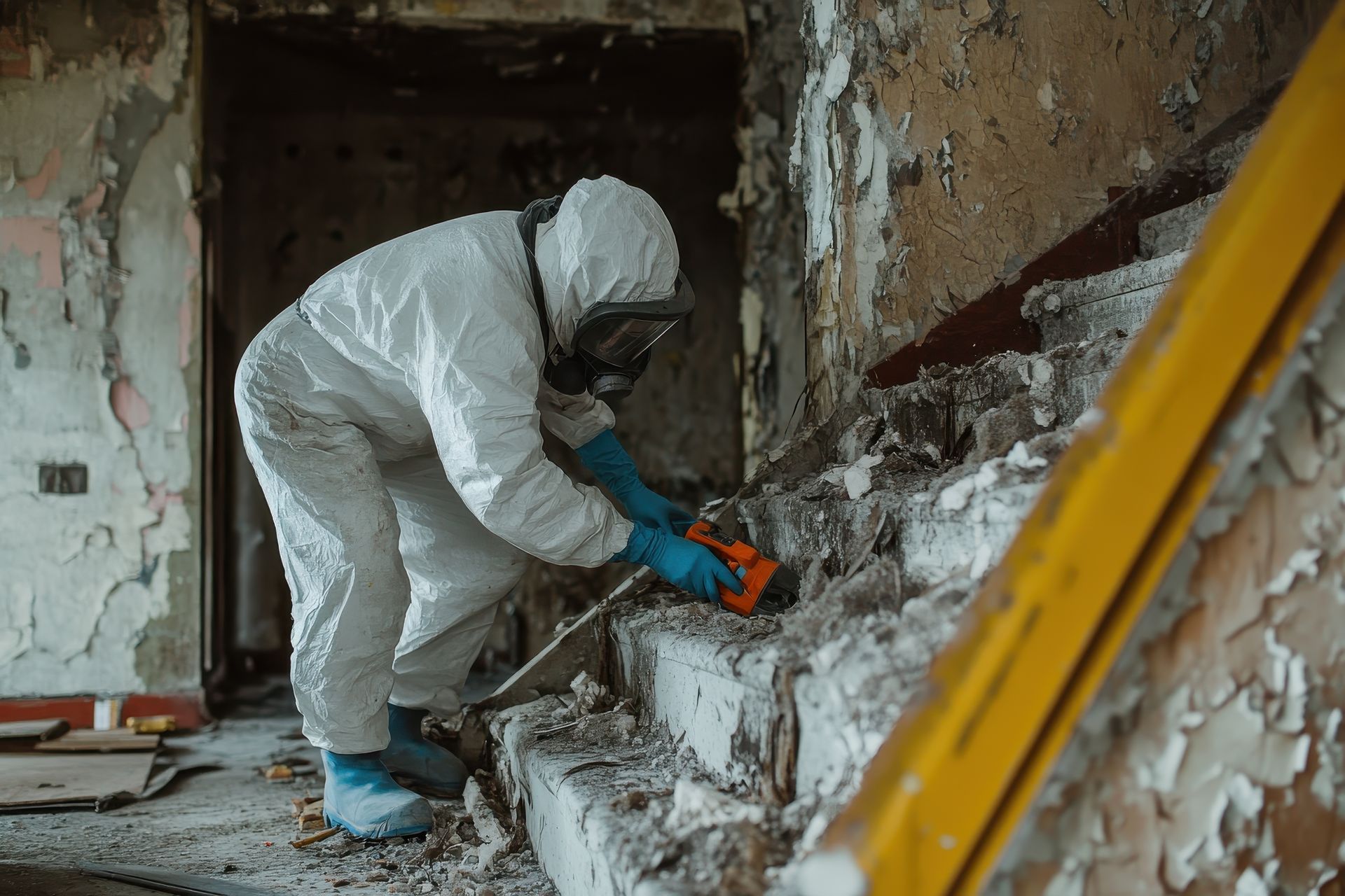 Inspector using XRF analyzer on floor tile in pre-1980 St. Louis building during asbestos inspection.