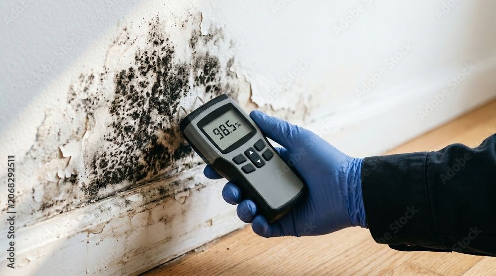 Technician in full PPE performing asbestos abatement.