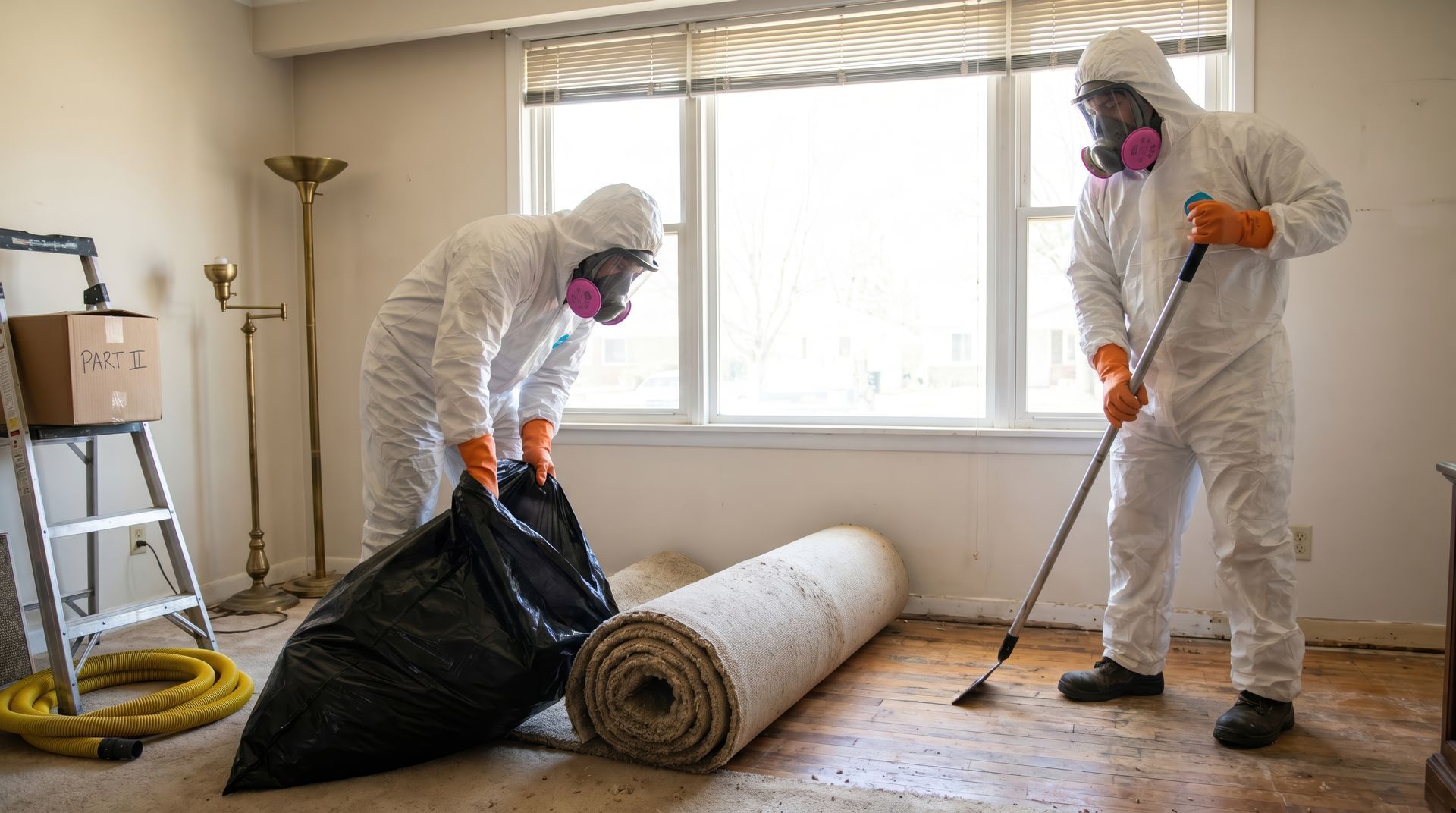 Licensed environmental technician performing asbestos abatement inside Affton, MO post-war home.