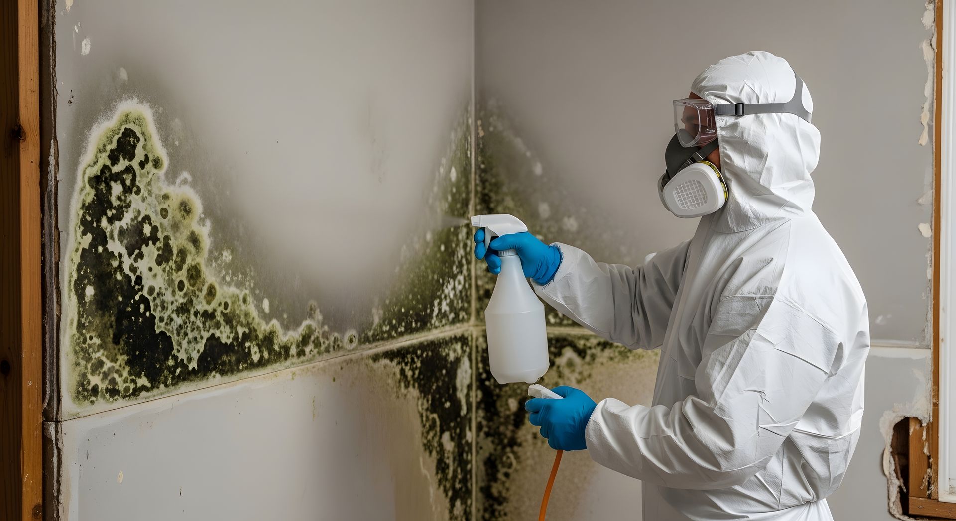 Technician performing environmental remediation inside a mid-century Overland home.