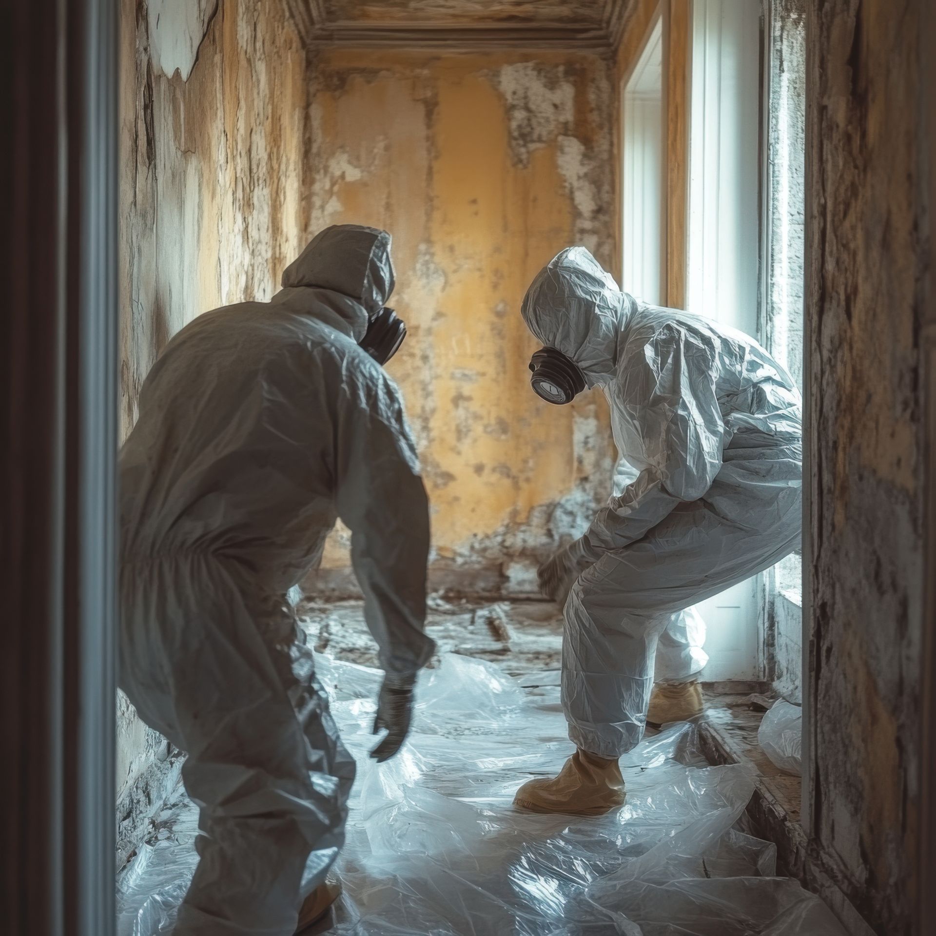 Technician inspecting original plaster and floor tile in an older Webster Groves home.