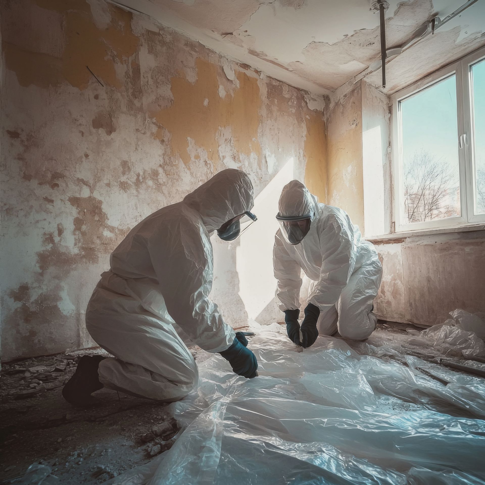 Licensed asbestos abatement technician removing pipe insulation.