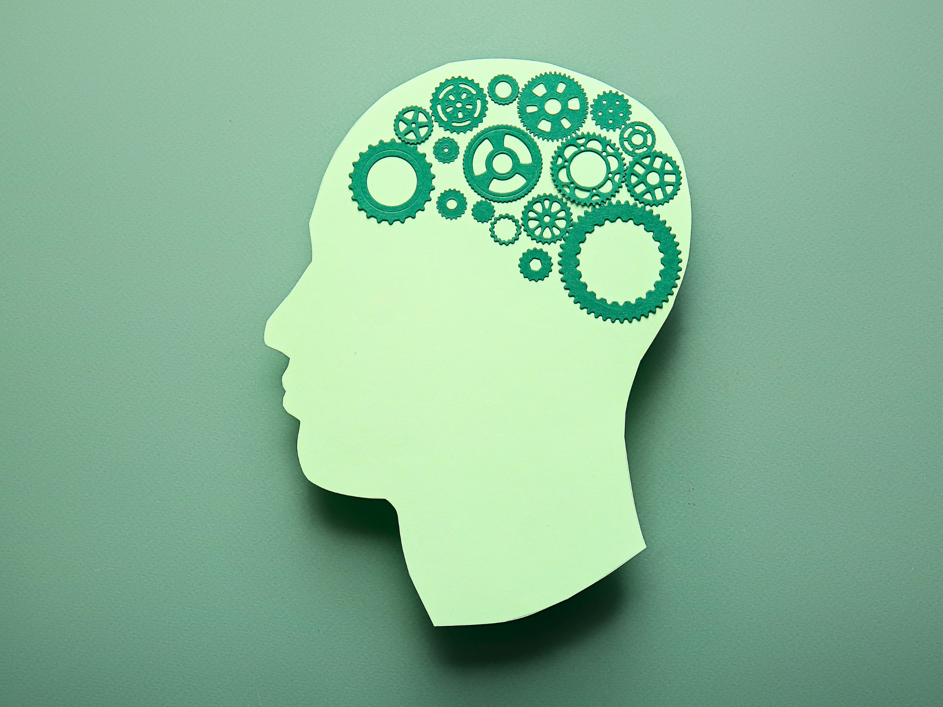 Green silhouette head with gears inside, on a soft green background