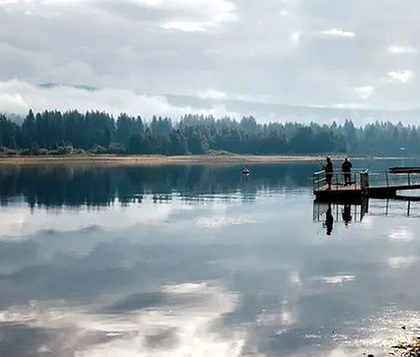 Two men fishing on a lake dock with overcast forrest tree line in the background