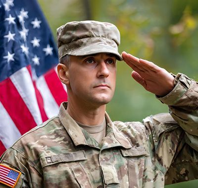 Soldier saluting in front of the American flag, wearing camouflage uniform, serious expression.