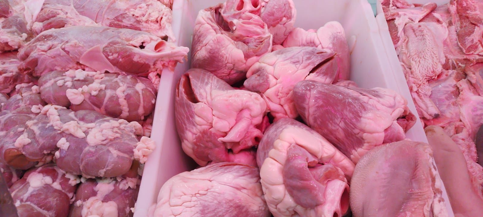 Cortes de carne cruda y rosada, posiblemente vísceras, expuestos en una carnicería, en un recipiente blanco.