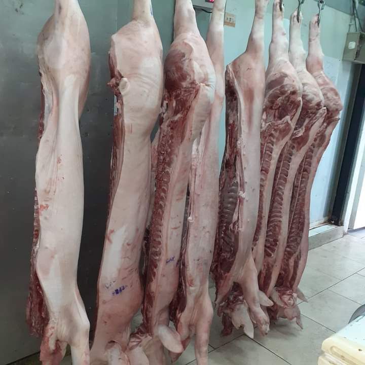 Canales de cerdo colgadas en una carnicería. Las canales son de color rosa pálido y se aprecia la grasa blanca.