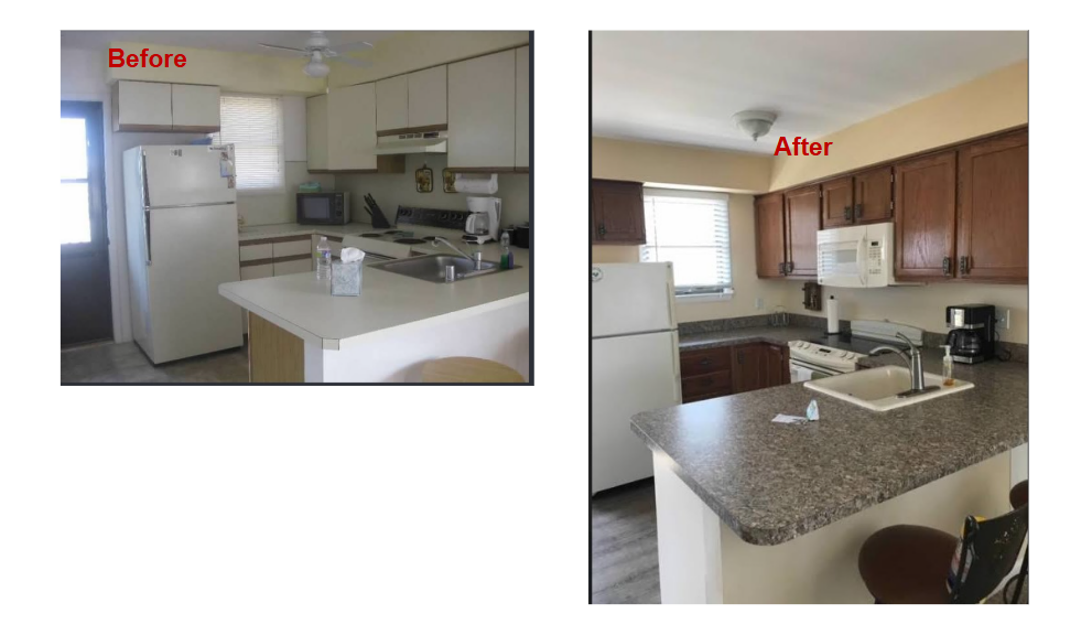 Before-and-after kitchen renovation, showing a white kitchen updated to a darker, modern granite-counter kitchen.