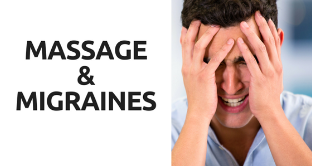 A man is covering his face with his hands and the words massage and migraines are above him