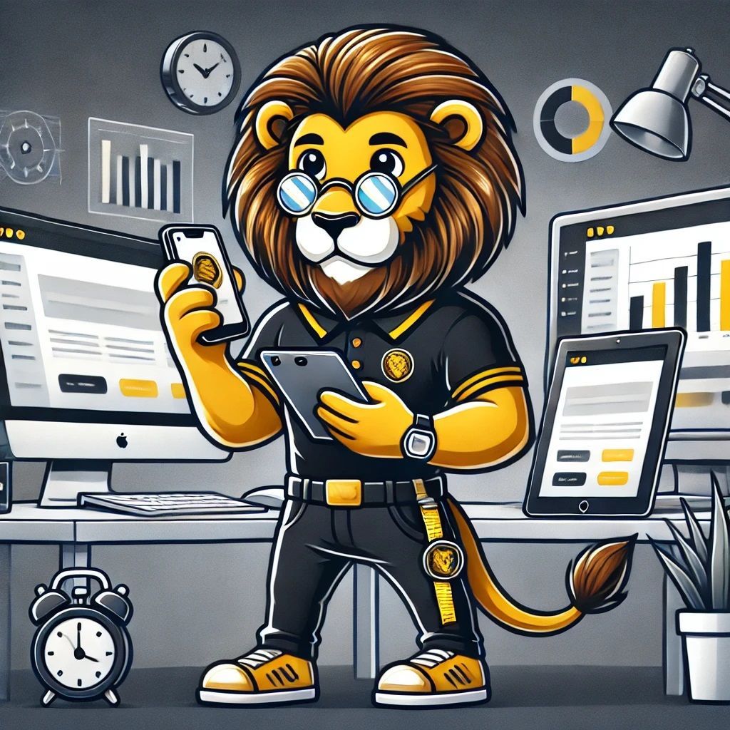 A cartoon illustration of a lion holding a cell phone and a tablet.