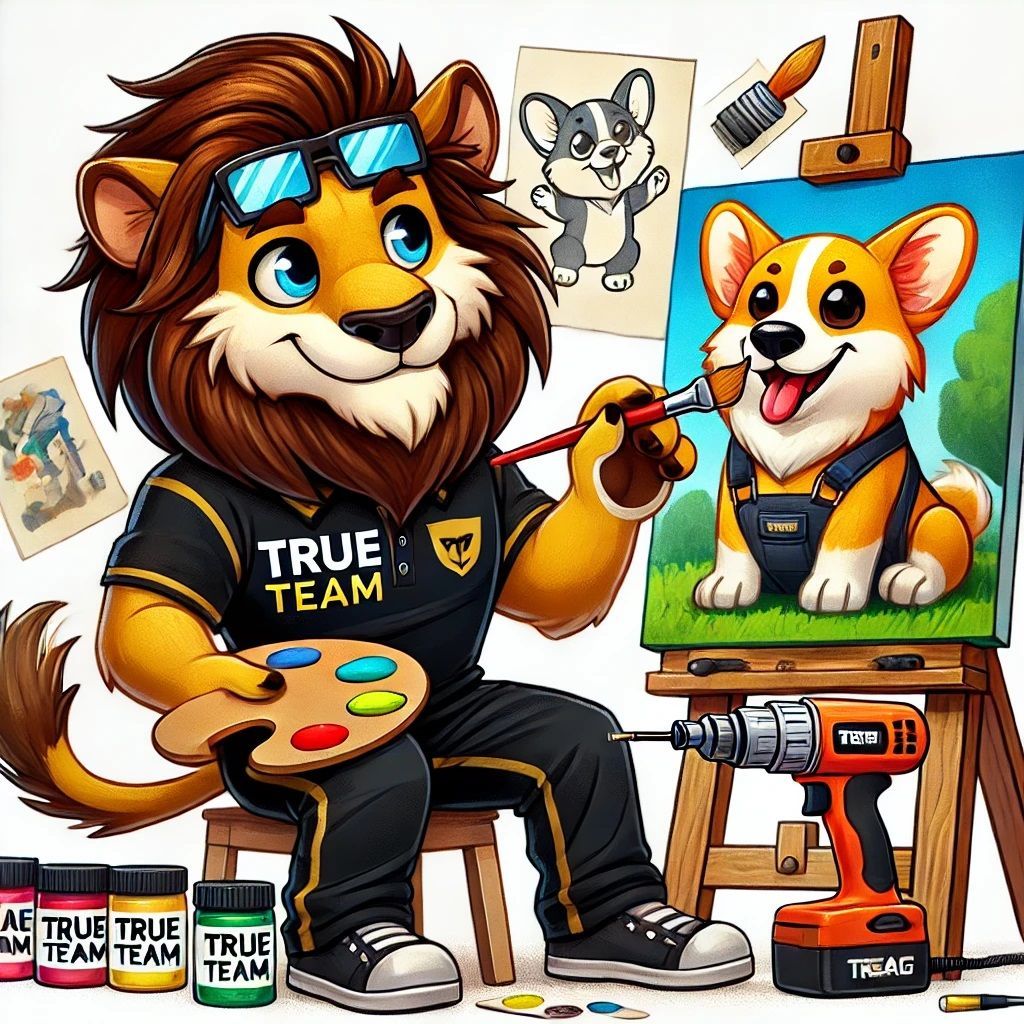 A lion mascot is painting a picture of a dog on an easel.