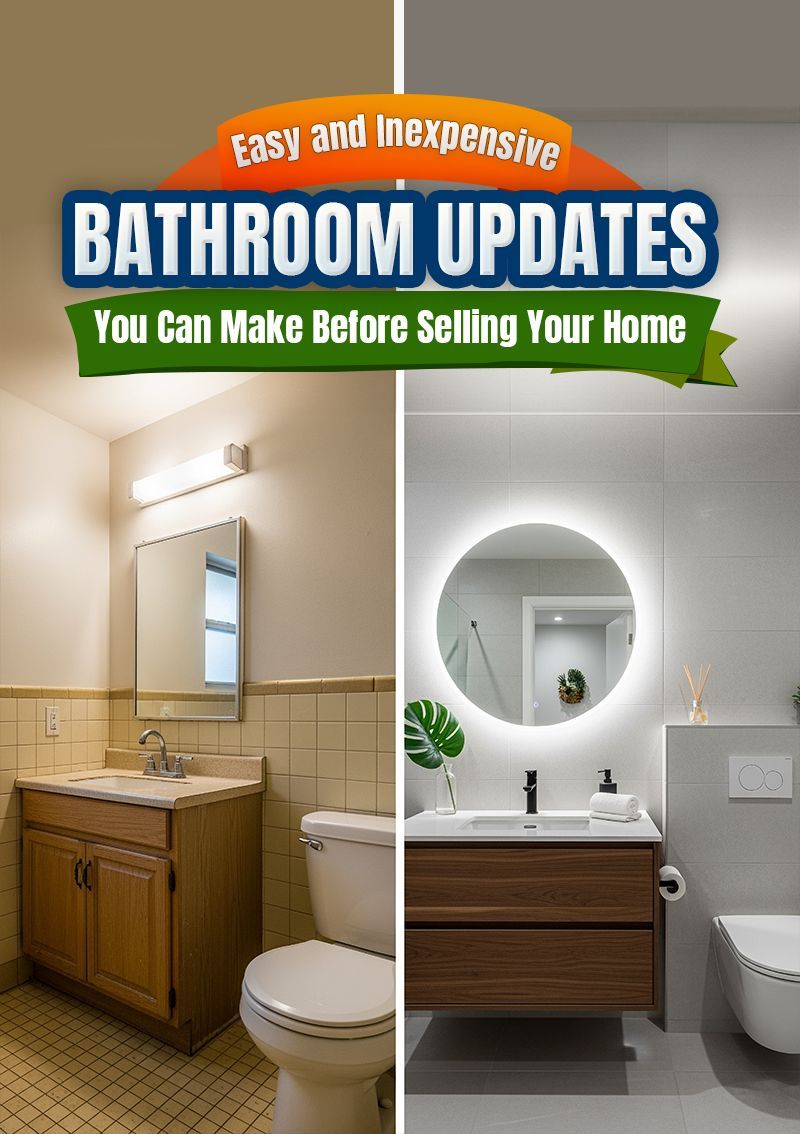 Before-and-after bathroom update graphic showing a dated beige bath beside a modern vanity and round mirror.