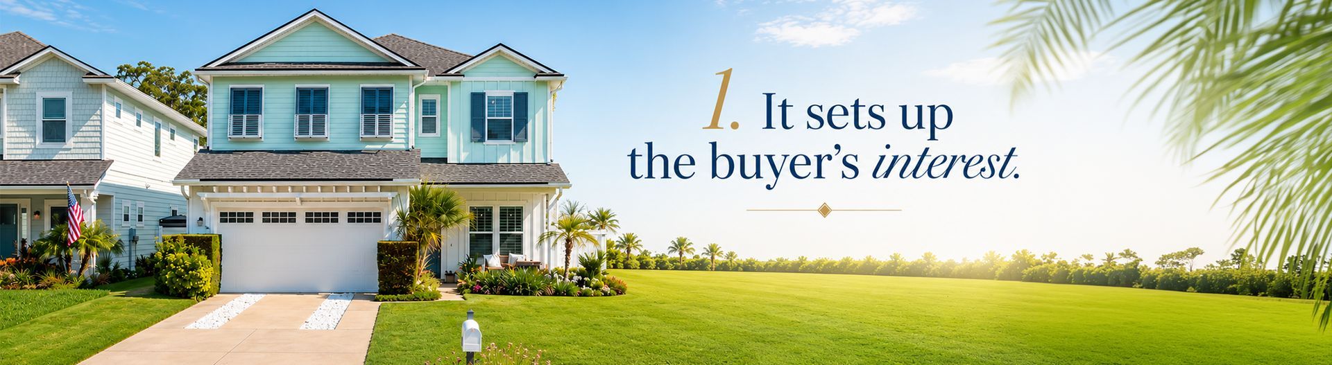 Suburban house with a sold sign and text: “It sets up the buyer’s frame.”