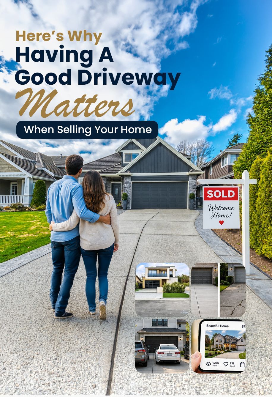 Couple walking down a suburban driveway with a sold real estate sign and text about a good driveway helping home sales